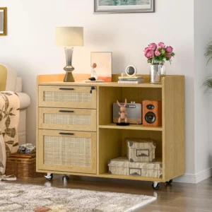 3 Rattan Drawer Lateral Filing Organization Storage Cabinet with Lock, Rolling Printer Stand Home, Filings Cabinets