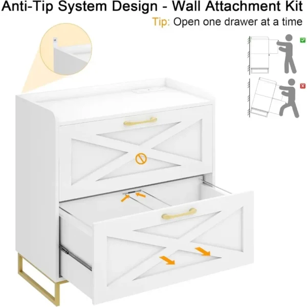 File Cabinet 2 Drawers Lateral File Cabinet with Charging Station for Letter/Legal/A4 Size Hanging Files - Image 5