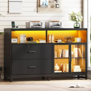 59" File Cabinet, 2 Drawers Filing Cabinets for Home Office fit Legal/Letter/A4 File, File Cabinet with Lock & Power Outlets
