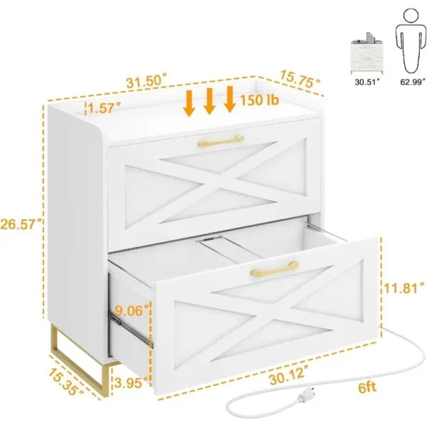 File Cabinet 2 Drawers Lateral File Cabinet with Charging Station for Letter/Legal/A4 Size Hanging Files - Image 3